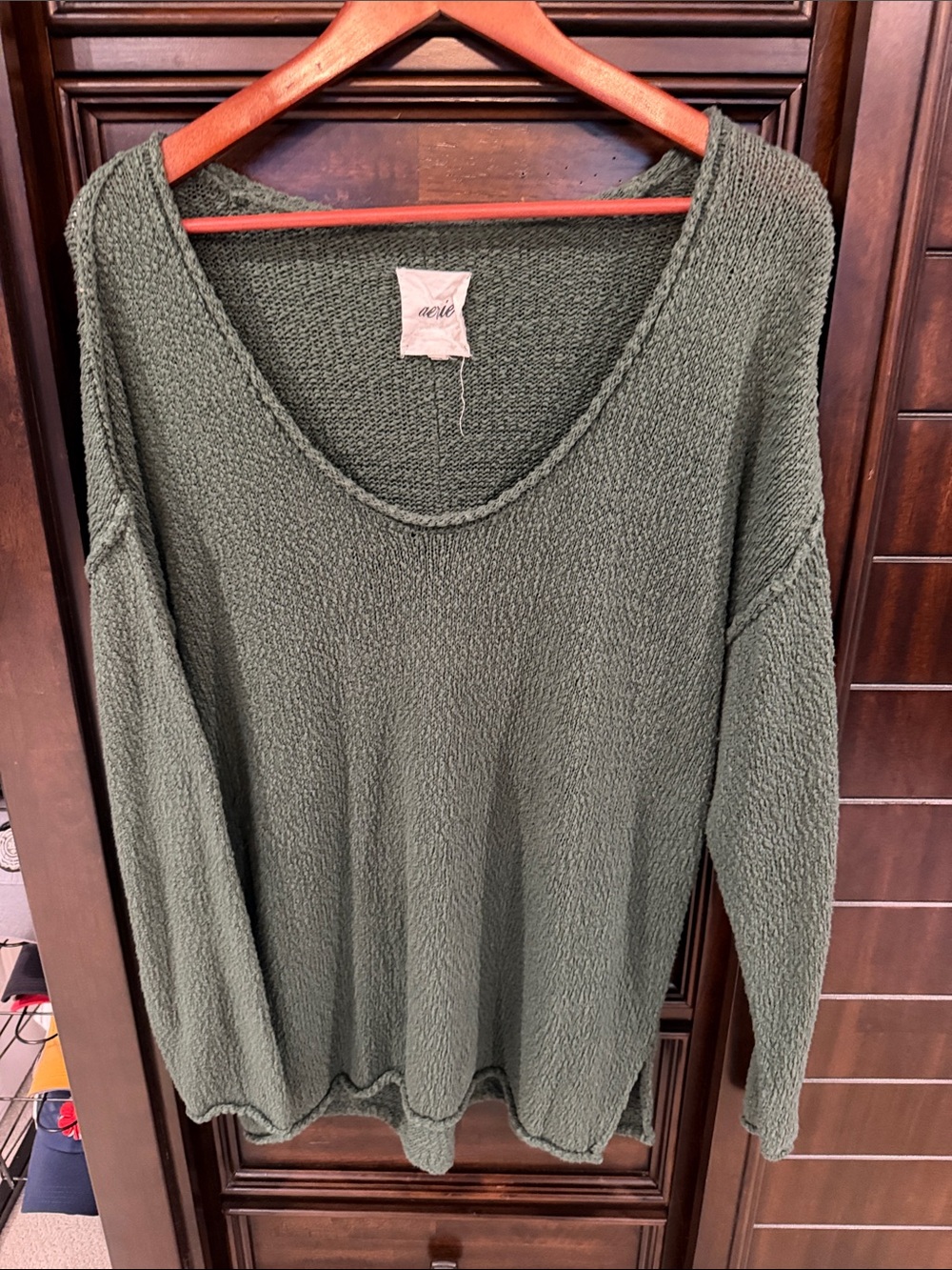 aerie Olive Green Textured V-Neck Sweater